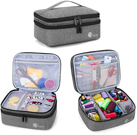 Luxja Nähaufbewahrung Tasche, Tragetasche für Nähzubehör, Doppelschicht Nähzubehör Organizer für Nadeln, Faden und andere Nähwerkzeuge (Ohne Zubehör), Grau | Nähzeug Tasche für unterwegs, Nähzubehör Organizer für Nadeln und andere Nähwerkzeuge (Ohne Zubehör), Grau