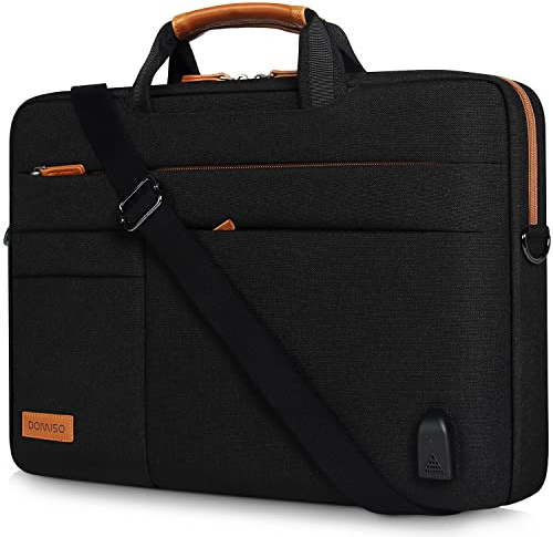 DOMISO 15-15,6 Pouces Grande Sacoche pour Ordinateur Portable Housse avec Port de Chargeur USB Externe Sacoche Bandoulière pour Ultrabook/Netbook/Lenovo/ASUS/Dell/HP, Noir&Marron
