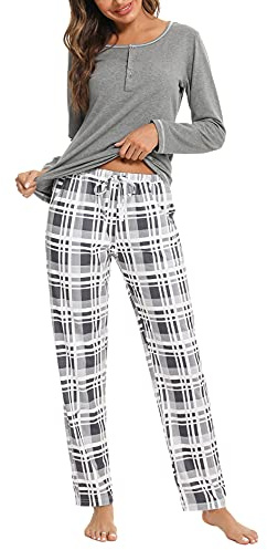 Litherday Pyjama Femme Hiver Ensembles de Pyjama Femme Coton Vêtement de Nuit à Manches Longues Tenue de Nuit à Carreaux Automne et Hiver,B Gris Clair,L