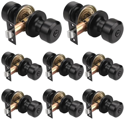 KNOBWELL Türknauf mit Schloss, Türknauf für Schlafzimmer, Badezimmer, mattschwarz, Innentürknauf, schlüsselloser Edelstahl-Türgriff, schwarze runde Türknäufe, 8 Stück