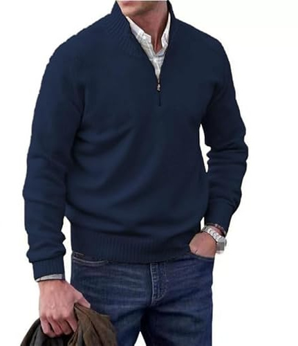 Jersey básico con cremallera de cachemira para hombre, jersey de punto informal de manga larga, jersey de punto sólido de punto, azul oscuro, L