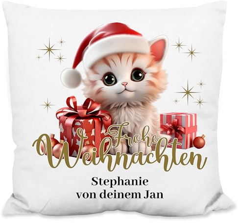 True Statements Weihnachtskissen personalisiert „Frohe Weihnachten!“ Katze-Motiv - 40x40cm, inkl. Kissen-Füllung – Deko Zierkissen Geschenk Weihnachten (Flauschiges Kissen)