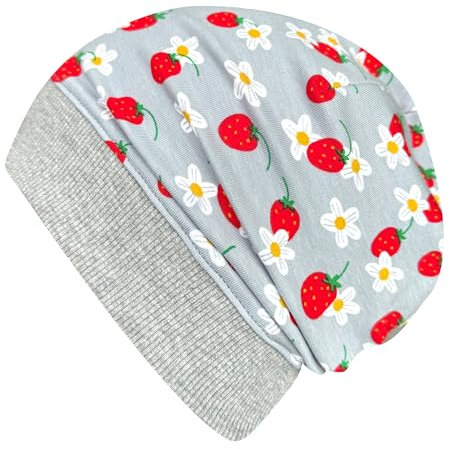 Wollhuhn ÖKO Leichte Mädchen/Jungen Beanie-Mütze Bündchen Elastisch Übergangszeit/Sommer Kinder-Mütze Baumwolle (Öko-Stoffe, Bio) 22222235 (Erdbeeren Grau/Rot, XS)