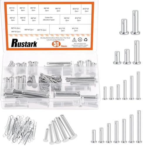 Rustark 51Pcs 18 Sizes M5 M6 M8 M10 M12 Flat Head Single Hole Clevis Pins Assortment Kit Flat Head Fastener Pins T Shape Round Pin Link Hinge Pin Single Hole Clevis Pin for Auto