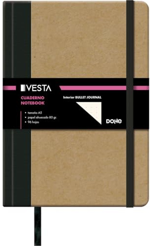 Dohe - Bullet Journal Cuaderno A5 - Interior Punteado, 15x21 cm, Tapa Dura Cartón Kraft, 96 Hojas, Cierre Goma Elástica, Macapáginas, Libreta Grande Profesional para Notas y Dibujo - Vesta Nature
