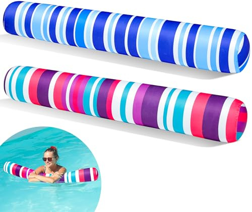 FindUWill 2 Pack Inflatable Swim Pool Noodles, Pool Noodles Floats for Adults, Soft Fabric Covered Large Swim Noodles for Lake, Beach (Blue & Purple)