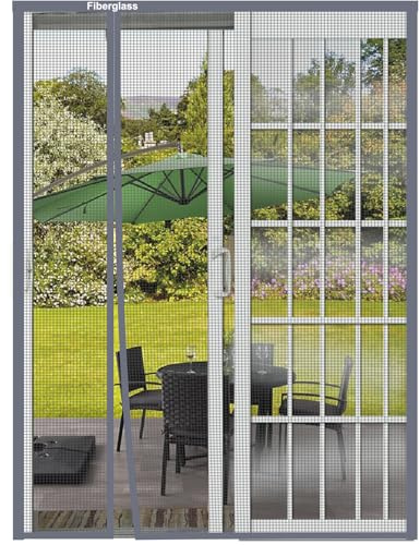 Risareyi Magnet Fliegengitter Balkontür 135x215cm, Grau Fiberglas Netz, Seitliche Öffnung 1/4 Fliegengitter Tür Insektenschutz für Terrassentür, Ohne Bohren mit Klebeband