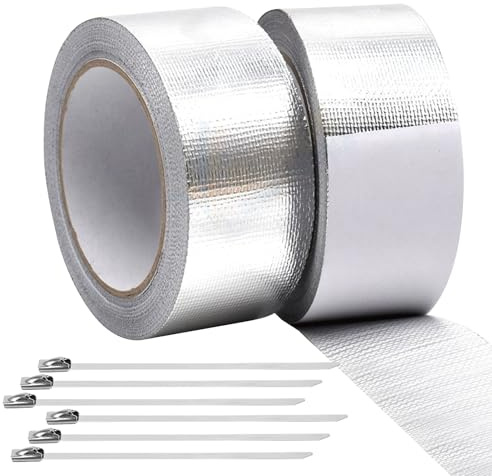 2 Rolle Hitzeschutzband Auspuff 5m x 5cm selbstklebend, hitzebeständig bis 450°C, inkl. 6 Edelstahl Kabelbinder, Auspuffband Krümmerband für Auto Motorrad Fächerkrümmer (Silber)