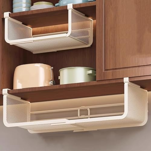 Onxyrbyte Panier EtagèRe Suspendu,Panier De Rangement sous Tablette,Etagere Extensible,sous EtagèRe Panier De Rangement,Panier De Rangement De Cuisine pour Cuisine,pour Armoire,Blanc