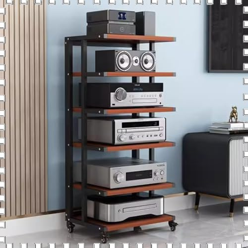 Rack HiFi AV à 5 niveaux avec roulettes – Support multimédia audio-vidéo pour récepteur, haut-parleur, amplificateur et tourne-disque – Finition noire et teck, solution de rangement d'angle parfaite
