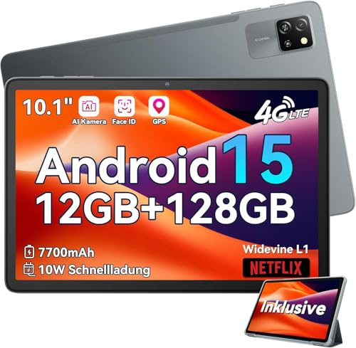 Blackview Android 15 Tablette Tab60Pro, 10 Pouces 4G LTE 12Go RAM 128Go ROM/2To TF, Octa-Core T606 Tablette de Jeu, Corps Ultra-Mince 7,45 mm, 5G WiFi/Widevine L1/5MP + 8MP/7700mAh/GPS/Face ID/BT 5.0