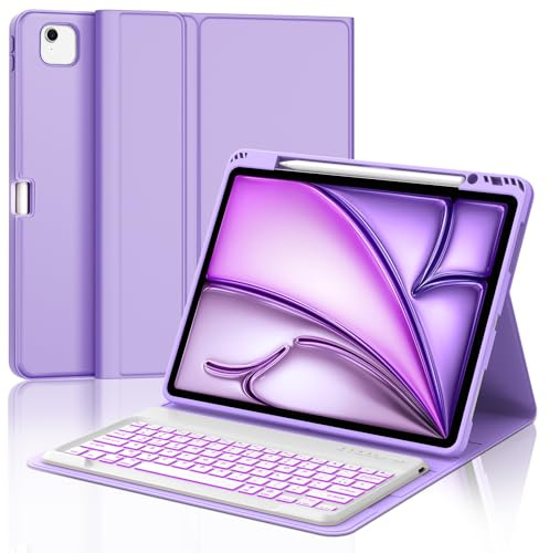 JADEMALL Clavier pour iPad Air 13 M3/M2 2025/2024, AZERTY Français Clavier Rétroéclairé Bluetooth Détachable pour iPad Air 13 Pouces M2/M3 2024/2025, Violet Clair