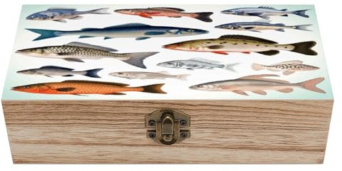 Anceky Caja de madera con forma de pez, joyero decorativo con tapa abatible, exquisita caja de madera para guardar recuerdos, manualidades y fotos.