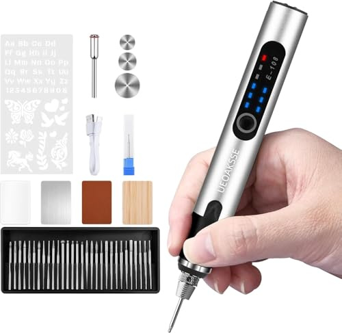 UEOAKSSE bolígrafo de grabado – 3 velocidades, batería recargable rápida e inalámbrica, 60+ accesorios, mini bolígrafo de grabado. Ideal para joyería, madera y bricolaje – plata
