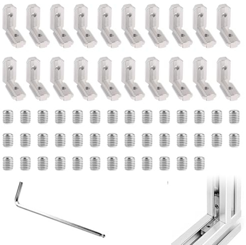 20 unidades de ranura en T, ángulo interior, perfil de aluminio 2020 M5, conector de esquina de aluminio con 40 tornillos y llave Allen de 2,5 mm, pinzas en forma de L, conector de esquina interior