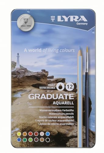 LYRA Graduate Aquarell Buntstifte Metalletui 12 Stk. | Fine Art, wasservermalbar, sechskant, Mine 3,3mm, sortierte Farben