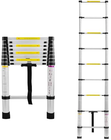 Aufun Teleskopleiter Alu 2,6m Ausziehbare Leiter Rutschfester Aluleiter Schiebeleiter Sprossenleiter Ausziehleiter Aluminiumleiter Teleskop-Design Mehrzweckleiter max 150 kg Belastbarkeit