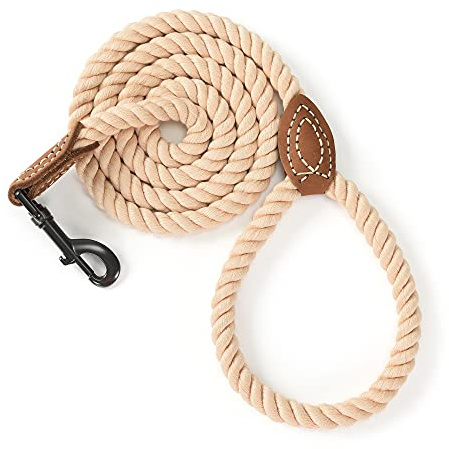 Mile High Life Braided Cotton Rope Lead with Leather Handle and Metal Clasp (Light Brown, 183 cm)