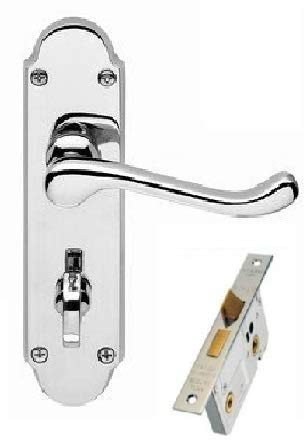 Golden Grace Epsom Door Handle with Bathroom Lock, 168 x 40mm | Polished chrome finish pairs with a complete mortise lock set, matching screws, spindle, and thumb turn for easy fitting.
