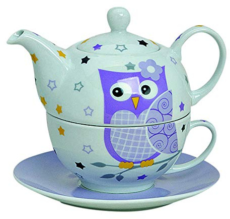 Tea for One Set mit lila Eule (Kanne & Tasse & Untertasse)