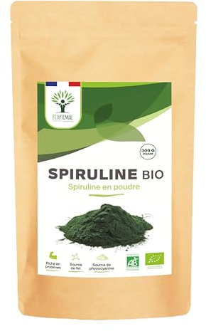 Spiruline Bio - 65% Protéines 14% BCAA 17% Phycocyanine Fer - Energie Sport Immunité - 100% Spiruline Pure en Poudre - Bioptimal Marque Française -Conditionné en France - Certifié Ecocert - 300 g