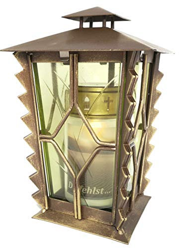 Grablaterne, Grableuchte aus Stahl mit gelben Scheiben inkl. LED Grablicht 21 cm (Bronze)
