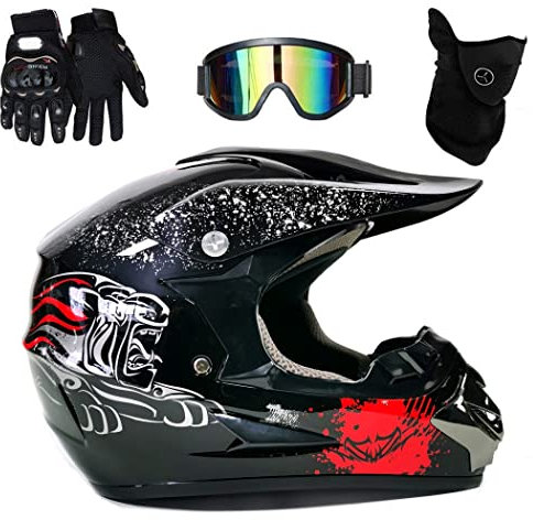 UIGJIOG Motocross Motorcycle Helmet ,Kinder Downhill Fullface Helmet Crosshelm Schwarz Herren Fullface Helm MTB DOT-Zertifizierung Inklusive Brille, Handschuhe Und Masken Set