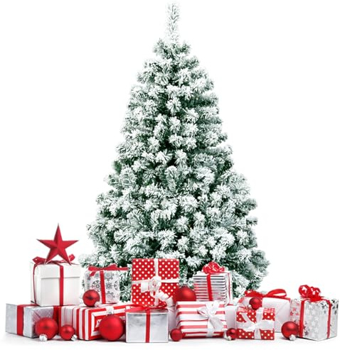 COSTWAY Albero di Natale Innevato 135/180/230 cm, Albero di Natale con 200/250/550 Luci LED Bianche Calde, 400/928/1346 Rami, Base in Metallo, Decorazione Natalizia per Casa e Negozio (135 cm)