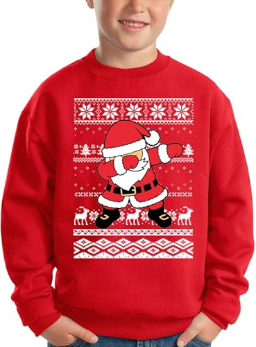 BesserBay Weihnachten Kinder Weihnachtspulli Sweatshirt Weihnachtsmann Druck Rot Unisex Pullover 128