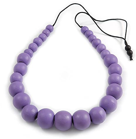 Avalaya Chunky Lilac Purple Graduated Wood Bead Black Cord Necklace - 84cm Max/Adjustable
