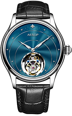 Aesop Tourbillon Watches for Men Mechanical Hand Wind Wrist Watches Skeleton Stainless Steel Sapphire Crystal 30M Waterproof Classic Dress Luxury Business Watch Black Blue White Dial 7048(Blue L)