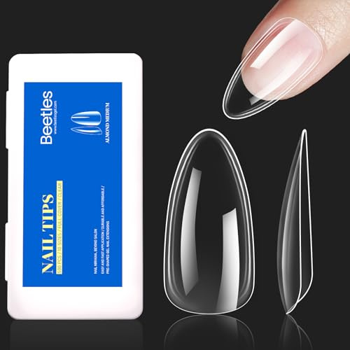 Beetles Gel Nail Tips Kit 500Pcs Clear Full Cover Medium Almond Pre-shaped False Nails for Gel Polish, Soak Off Easy Nail Extensions Acrylic Nails False Press on Nail Tips