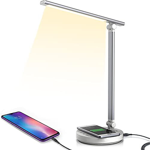 MAHAND - Lampada da scrivania a LED, dimmerabile, 5 colori e 10 livelli di luminosità, 10 W, ricarica wireless e porta USB, per smartphone, comodino, caricatore wireless