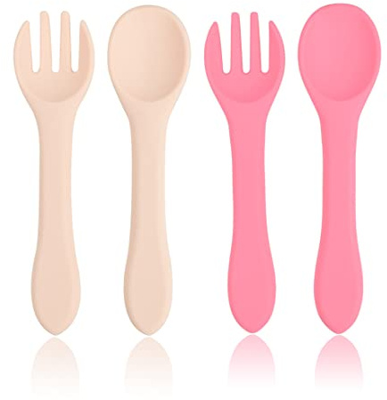 SURALIN 4PCS Set di Posate per Bambini，Set Pappa Svezzamento Cucchiaio in Silicone per Bambini Forchette Bambini Cucchiaino Svezzamento，Set Svezzamento