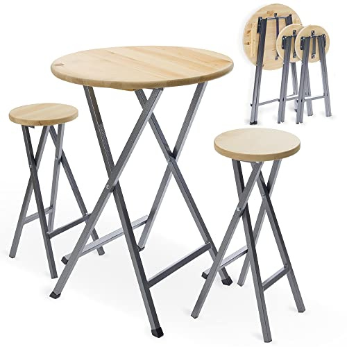 Onbest Stehtisch klappbar 110 cm – 3-TLG. Set mit 2 Hockern | Runder Bistrotisch mit massiver Holzplatte Ø78 cm – Biertisch, Gartentisch und Partytisch für In- & Outdoor