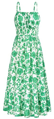 GRACE KARIN Summer Dresses for Women 2026 Vacation,Smocked Floral Maxi Dresses,Boho Beach Long Sundress Green Floral S