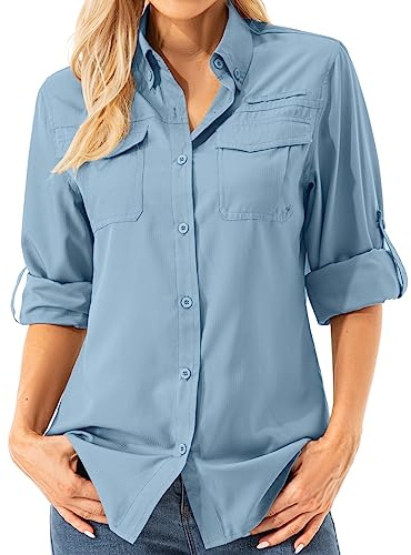 Asfixiado Blusa de mujer con protección UV UPF 50+, ropa de safari, blusa de senderismo para mujer, de secado rápido, protección solar, de manga larga, azul, M