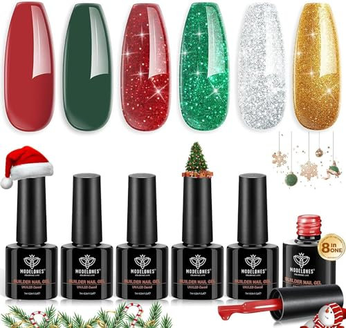 modelones Builder Gel, 6 Winter Weihnachten Farbe Uv Nagellack Rot Grün Glitzer Aufbaugel FüR GelnäGel, Builder Gel für Nägel,Multifunktions Nagelset Gelnagel aufbaugel Maniküre Set