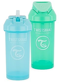 2x Twistshake Straw Cup Auslaufsicher Trinklernflasche mit Weicher Trinkhalm 360 ml, Strohhalmbecher für Kinder mit Strohhalm, ab 6 Monaten, Pastellgrün&Pastellblau