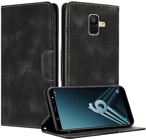 Radoo Kompatible Samsung Galaxy A6 2018 Hülle, Faltbare PU Premium Leder Flip Handyhülle mit Kartensteckplatzständer Magnetverschluss Stoßfeste Lederhülle (Schwarz)