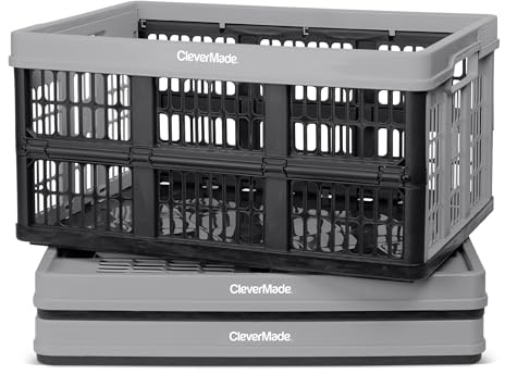 CleverMade CleverCrates – Lot de 3 caisses utilitaires pliables, couleur pierre, 45 l, capacité de 30 kg par poubelle, boîtes utilitaires empilables à paroi râpée en plastique, paniers CleverCrates