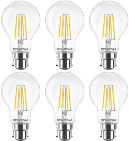 SYLVANIA GLS Clear Filament LED Light Bulbs, B22, 4.5W, 470 Lumens, Warm White 2700K - 6 Pack