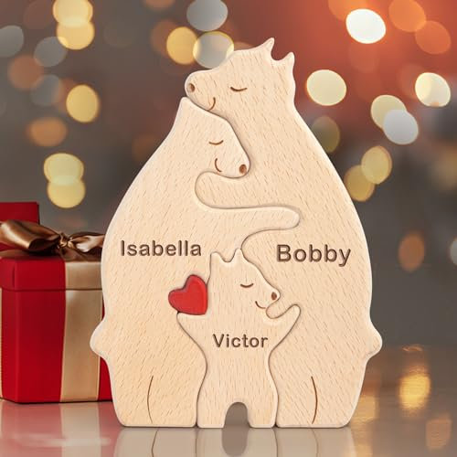 Yolnkos Personalisiertes Holzkunstpuzzle der Bärenfamilie mit 1-8 Namen We are One Holz Bär Tier Skulpturen Desktop Ornament Heim Büro Tischdekoration Ideen Geschenk für Weihnachts Jubiläum Geburtstag