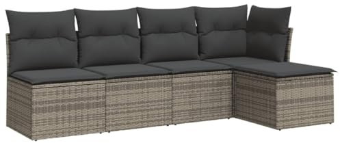 vidaXL Garten Sofagarnitur mit Kissen 5-TLG., Gartenmöbel Gartengarnitur, Sitzgruppe Sitzgarnitur, Lounge Sofa Garnitur Terrasse, Grau Poly Rattan