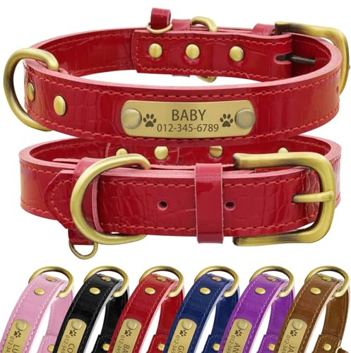 Senristar Personalisierte Hundehalsband aus Echtem Leder mit Eingraviertem Namensschild - Langlebiges und Stilvolles Hundehalsband für Kleine, Mittlere und Große Hunde (M, Rot)