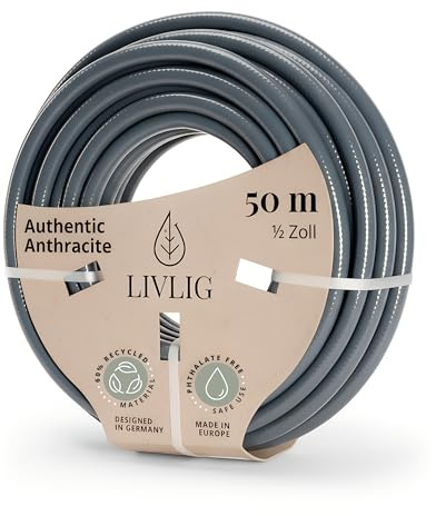 LIVLIG Gartenschlauch 1/2 Zoll 50m Anthrazit, Premium Bewässerungsschlauch | Design Gartenschlauch aus 60% Recyclingmaterial, UV-beständig, formstabil und wetterfest, Schlauch für Gartenbewässerung