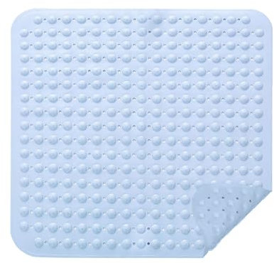 Alfombra de Ducha, 48 x 48 cm Alfombrilla de Ducha Cuadrada Lavable a Máquina, Alfombrilla de Baño Antideslizante con Ventosas, para Saunas, Cuartos de Ducha, Azul Claro