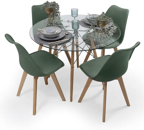 Homely - Conjunto de Comedor Tower 90 Day Cristal Mesa de Cristal Redonda de 90 cm y 4 sillas Day (Verde Oscuro)