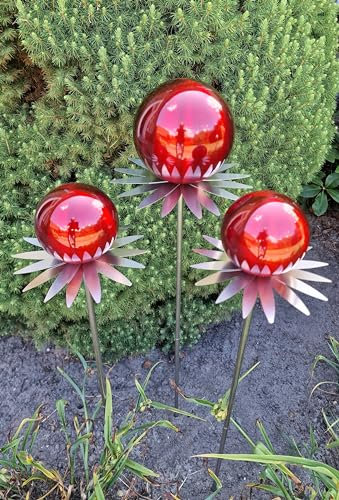 Jürgen Bocker Garten-Ambiente Blütenzauber Milano 3er Set Rosenkugel 15/10/10 cm Edelstahl Gartenstecker Deko mit Stab 80 cm (rot matt)