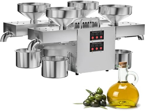 agreilduite Automatische Ölpresse für heißes/kaltes Öl,2400W,Olivenöl-Extraktor aus Edelstahl für Samen mit konstanter Heiztemperatur von 210°C und Pressgeschwindigkeit: 12–25 kg/h, mit 4 Ölauslässen